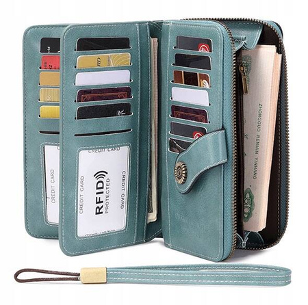 Skórzany portfel damski skóra RFID JASNO NIEBIESKI