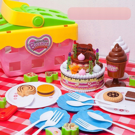 MINI KOSZ KOSZYK PIKNIKOWY + 48 AKCESORIÓW + TORT