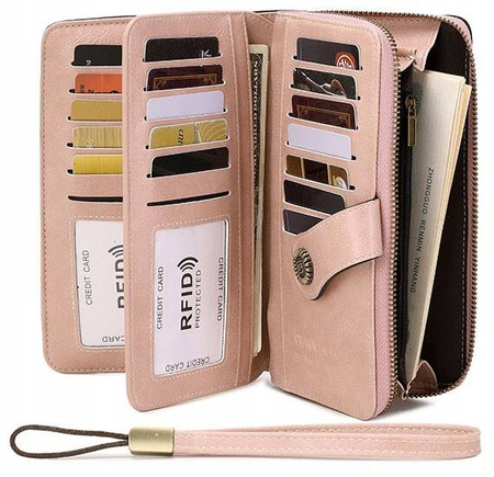 Skórzany portfel damski skóra system RFID RÓŻOWY